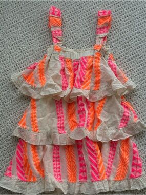 Devotion TWINS Neon Pink & Orange Tiered Embroidered Sundress for Kids